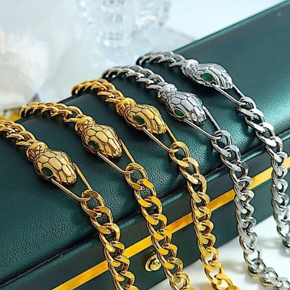 Silver Snake Choker Bracelet Matching Set, Chain Link, Serpent, Necklace - Picture 7 of 7